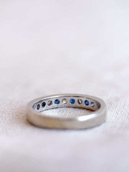 Vintage Diamond and Sapphire Wedding Band, 14k White Gold, Channel Minimalist Ring, Stacking Band