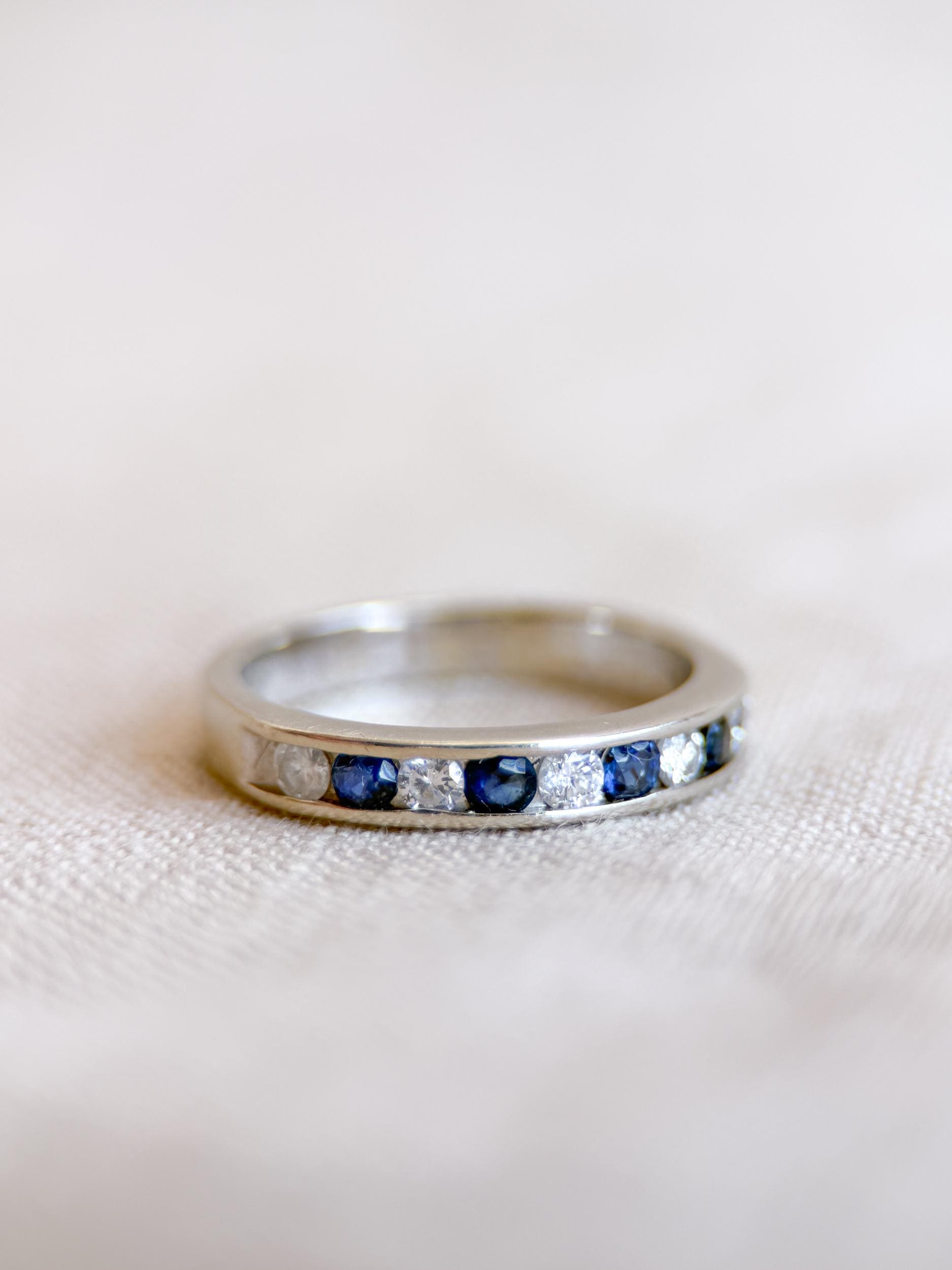 Vintage Diamond and Sapphire Wedding Band, 14k White Gold, Channel Minimalist Ring, Stacking Band