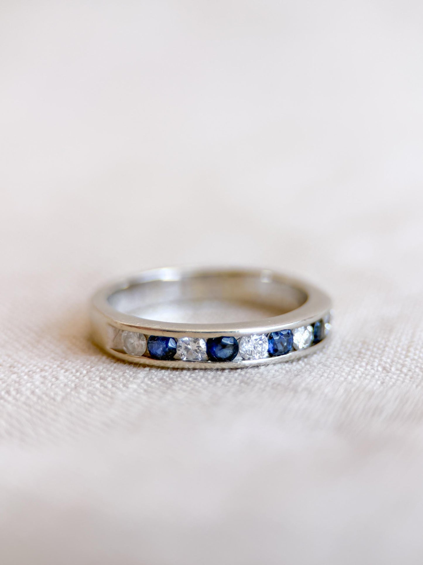 Vintage Diamond and Sapphire Wedding Band, 14k White Gold, Channel Minimalist Ring, Stacking Band