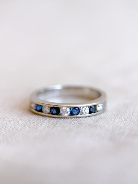 Vintage Diamond and Sapphire Wedding Band, 14k White Gold, Channel Minimalist Ring, Stacking Band