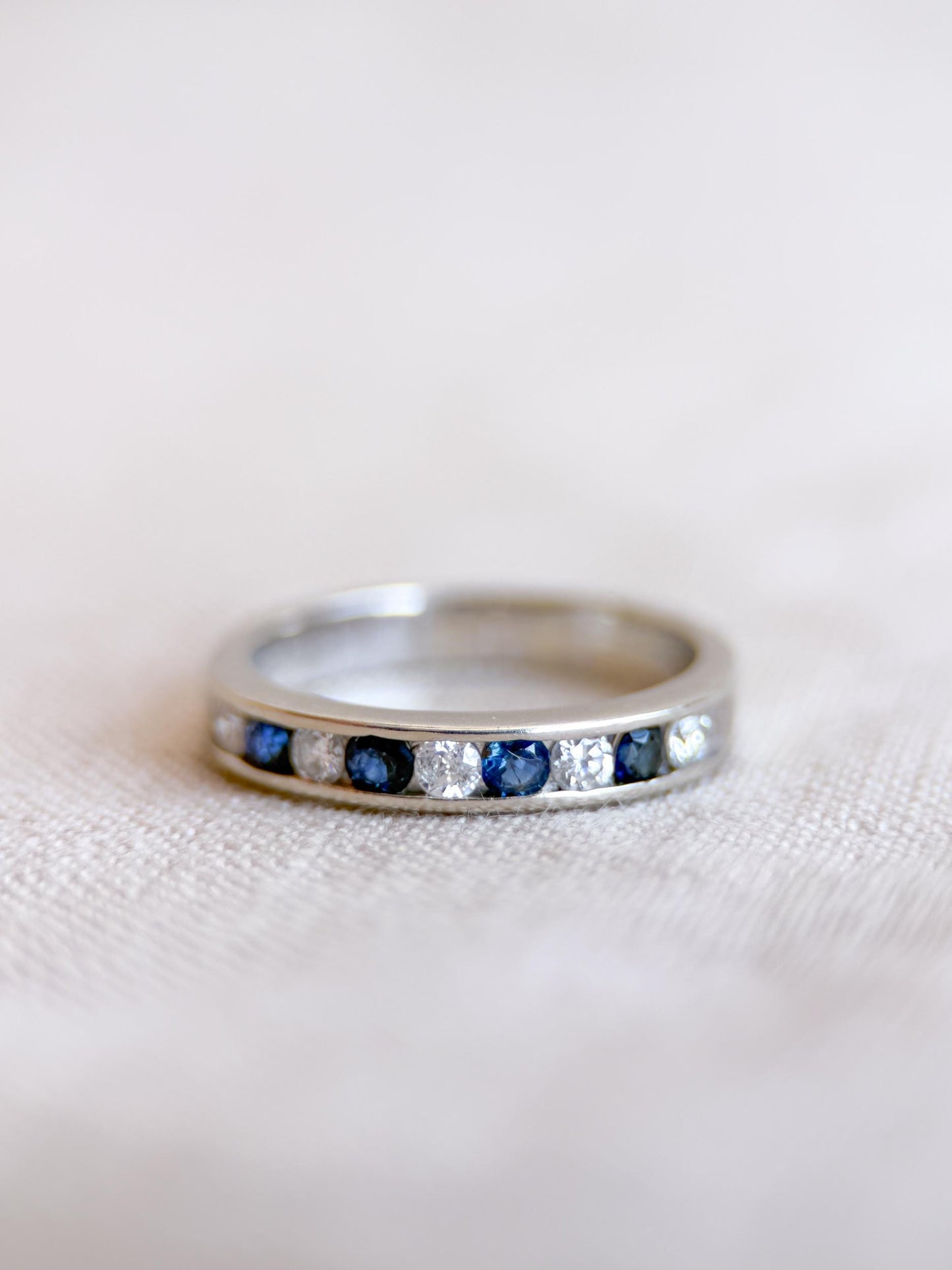 Vintage Diamond and Sapphire Wedding Band, 14k White Gold, Channel Minimalist Ring, Stacking Band