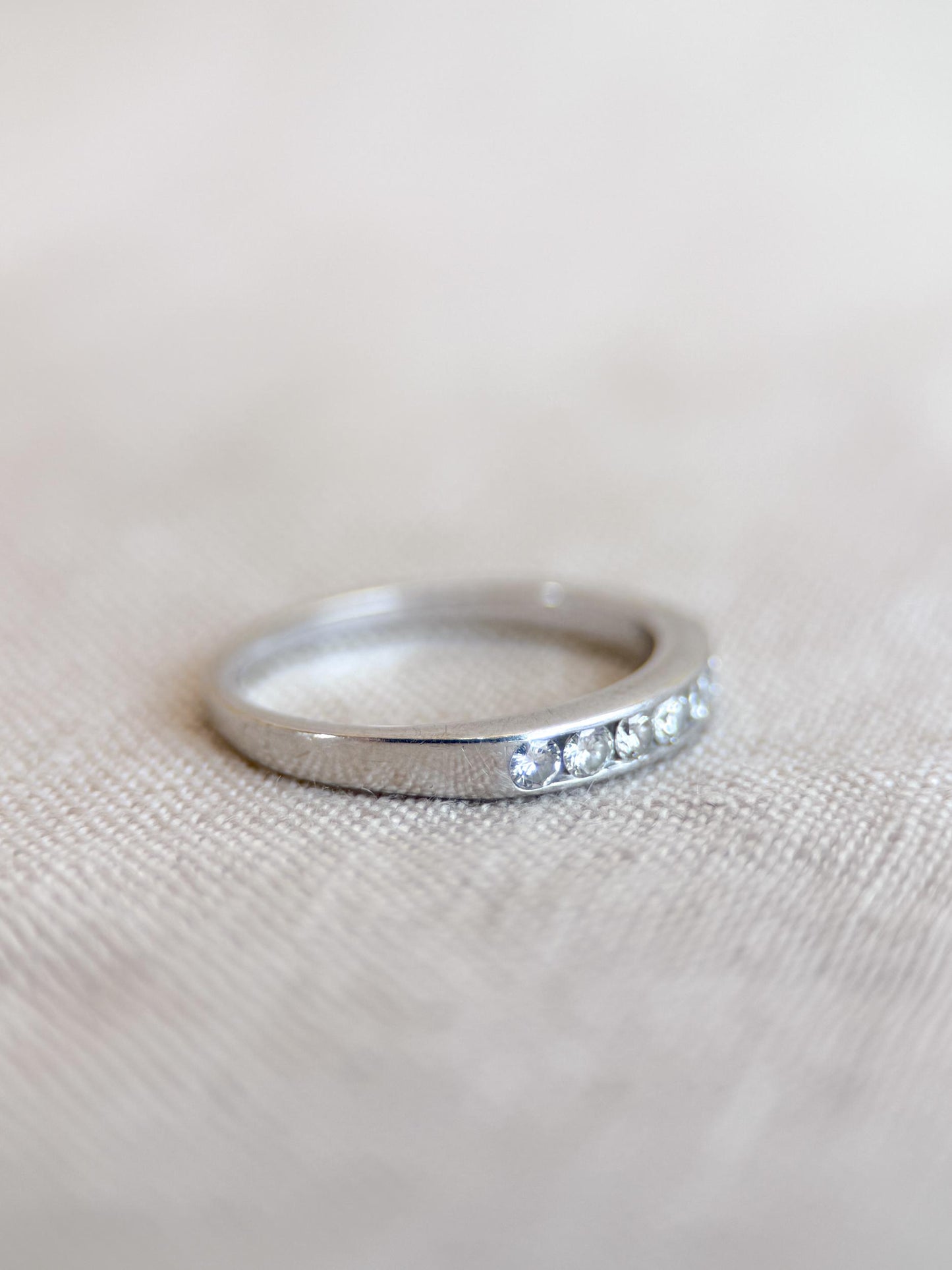 Vintage Diamond Wedding Band, 18k White Gold, Round Channel Set, Minimalist Ring, Stacking Band