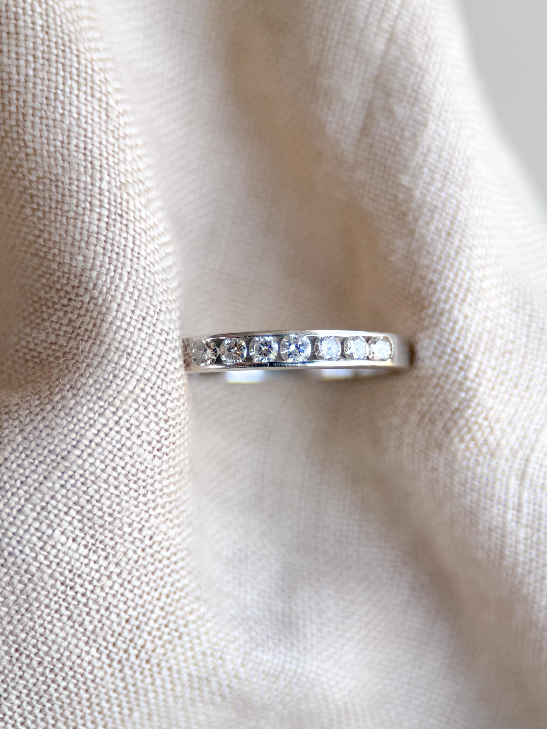 Vintage Diamond Wedding Band, 18k White Gold, Round Channel Set, Minimalist Ring, Stacking Band