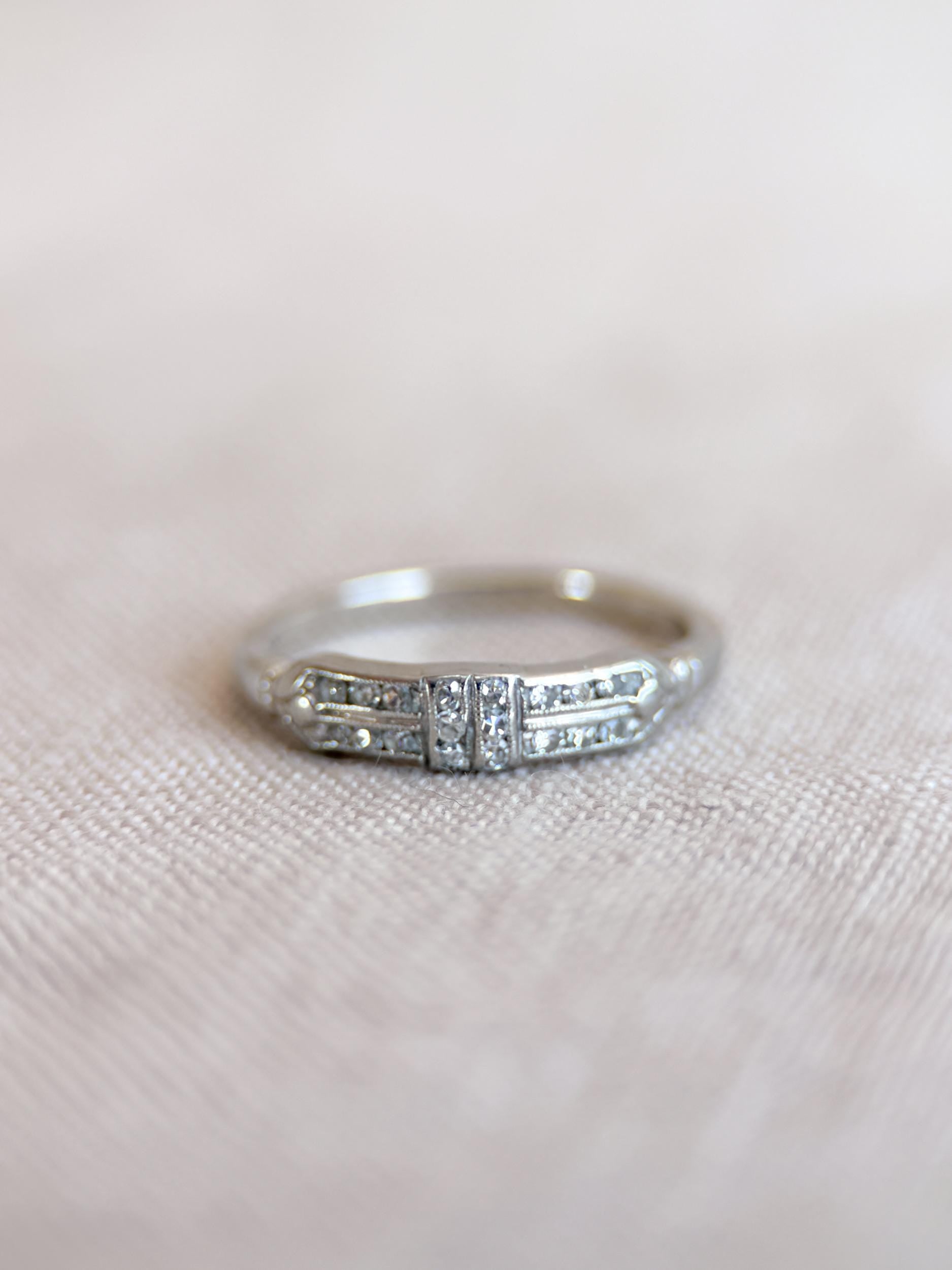 Vintage Diamond Wedding Band, 14k White Gold, Art Deco Minimalist Ring