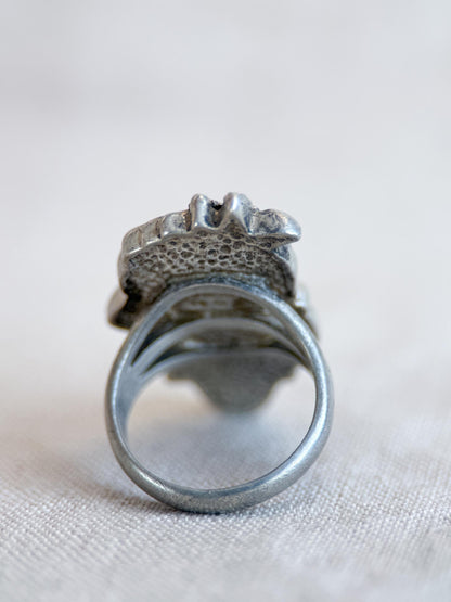 Vintage Gaspeite Ring, Sterling Silver, Floral Feather Statement Ring, Boho Everyday Jewelry
