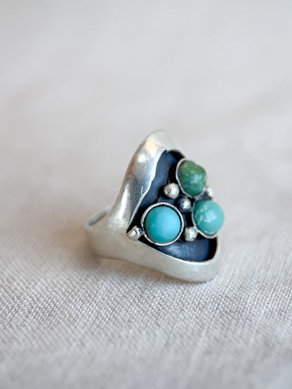 Vintage Turquoise Ring Sterling Silver, Round Bezel Statement Ring, Boho Everyday Jewelry