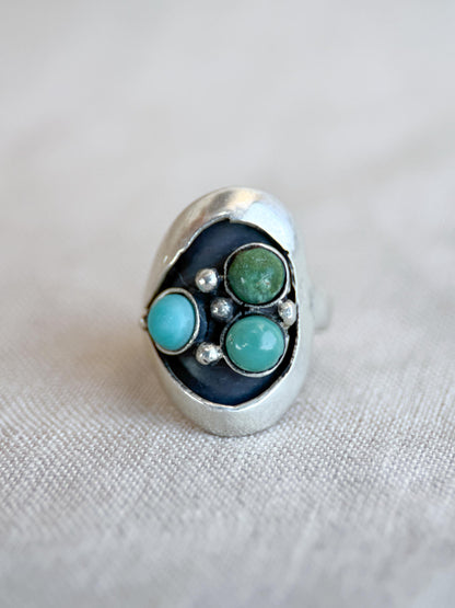 Vintage Turquoise Ring Sterling Silver, Round Bezel Statement Ring, Boho Everyday Jewelry