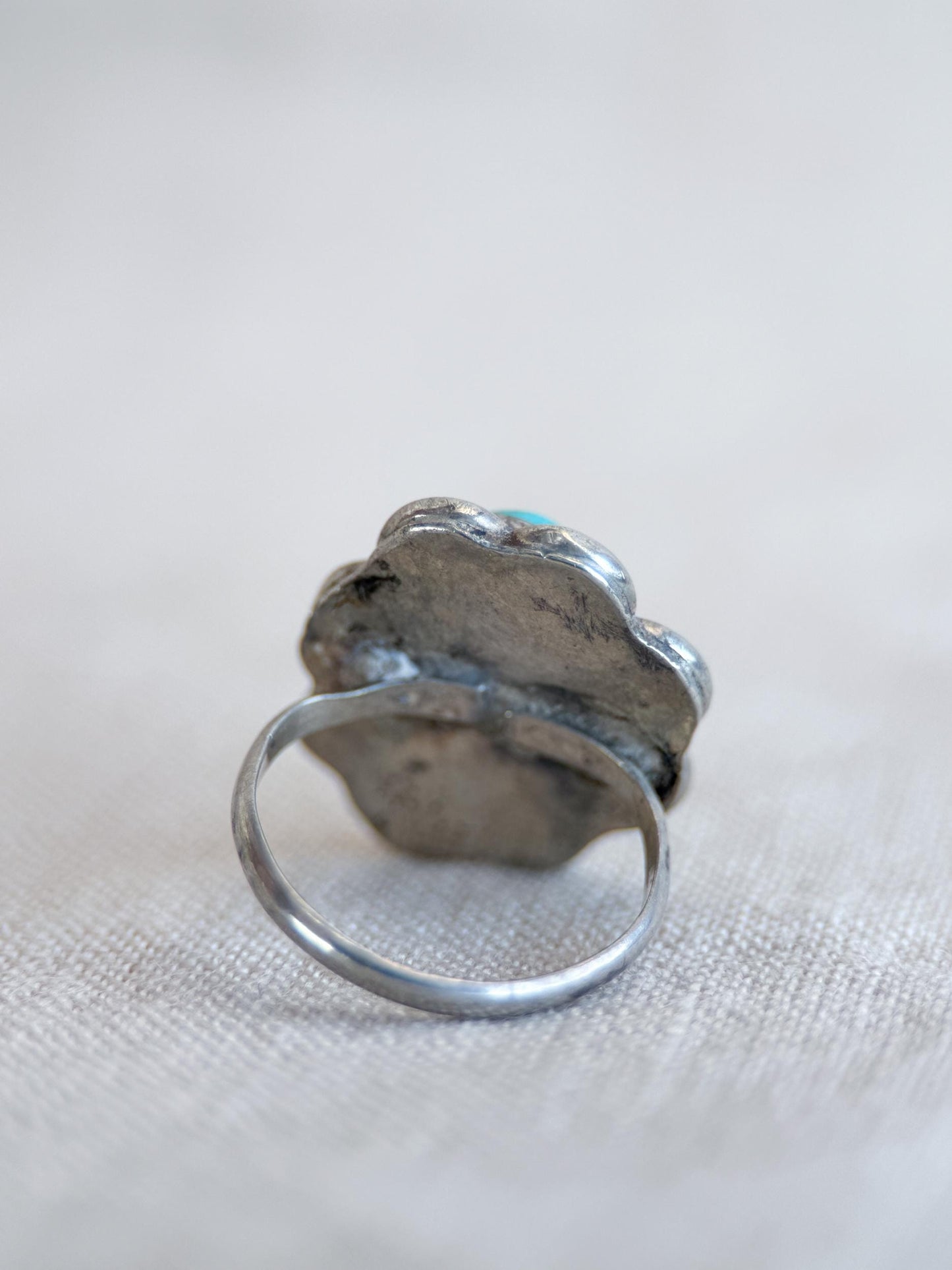 Vintage Turquoise Ring Sterling Silver, Scalloped Floral Statement Ring, Boho Everyday Jewelry