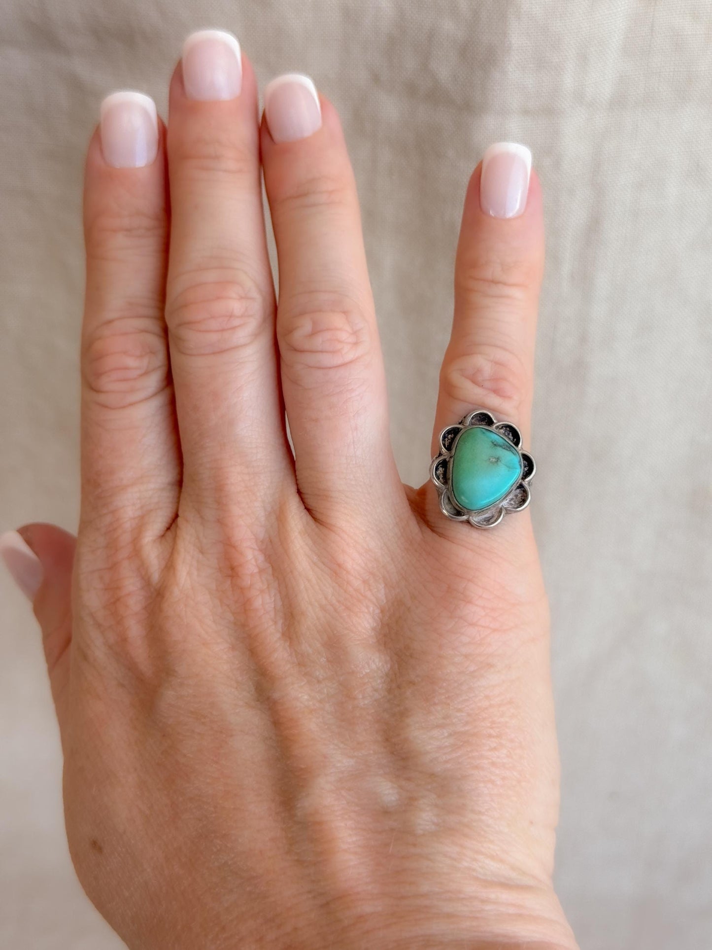 Vintage Turquoise Ring Sterling Silver, Scalloped Floral Statement Ring, Boho Everyday Jewelry