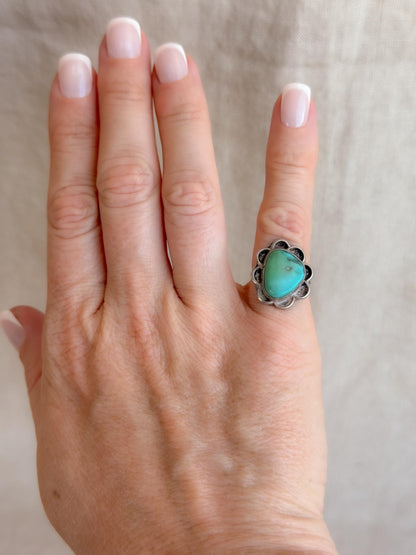 Vintage Turquoise Ring Sterling Silver, Scalloped Floral Statement Ring, Boho Everyday Jewelry