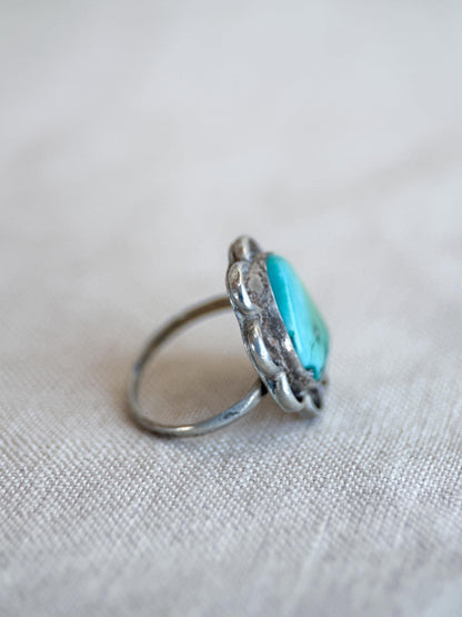 Vintage Turquoise Ring Sterling Silver, Scalloped Floral Statement Ring, Boho Everyday Jewelry