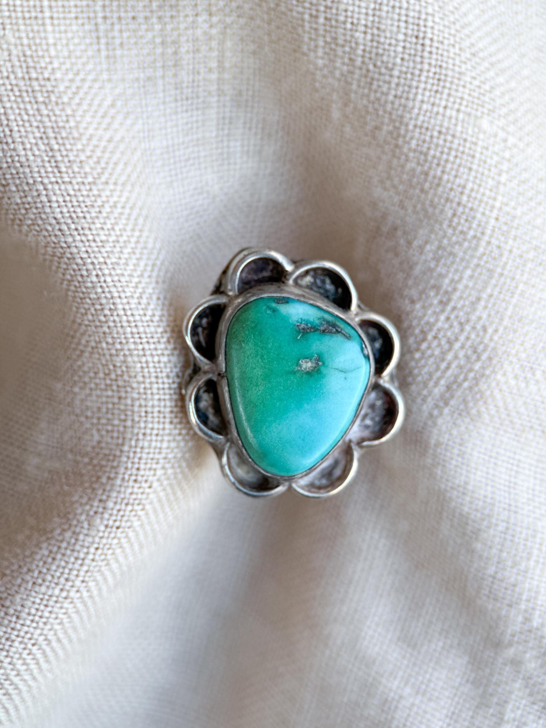 Vintage Turquoise Ring Sterling Silver, Scalloped Floral Statement Ring, Boho Everyday Jewelry