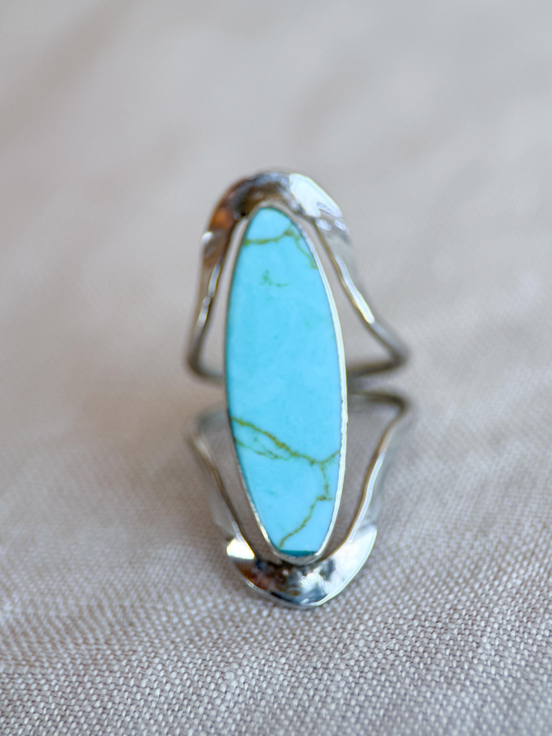 Vintage Turquoise Ring Sterling Silver, Oval Open Statement Ring, Boho Everyday Jewelry