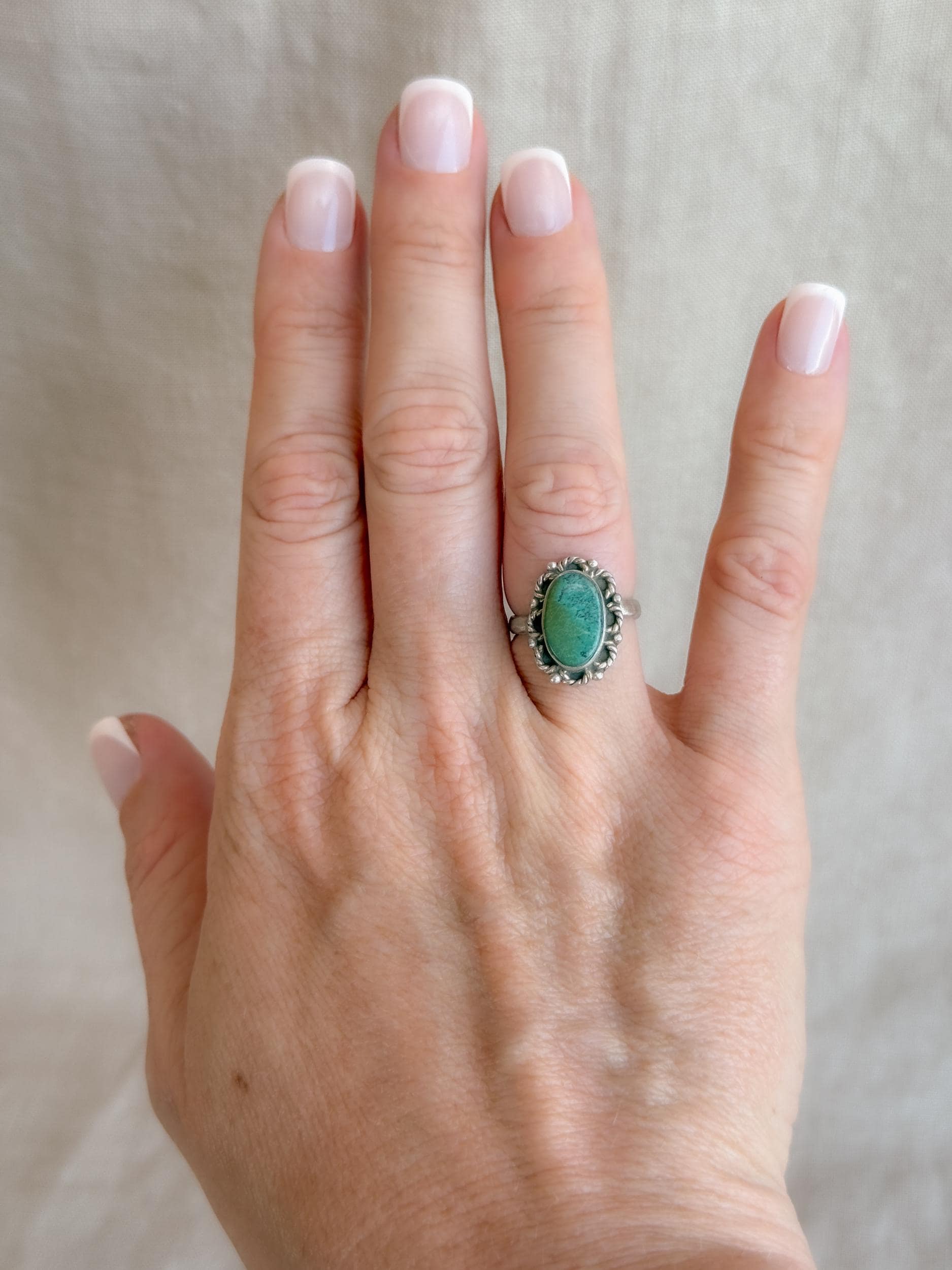 Vintage Turquoise Ring Sterling Silver, Scalloped Floral Statement Ring, Boho Everyday Jewelry