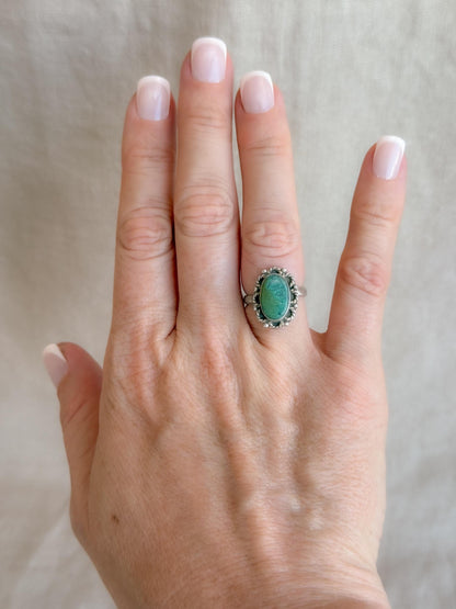 Vintage Turquoise Ring Sterling Silver, Scalloped Floral Statement Ring, Boho Everyday Jewelry
