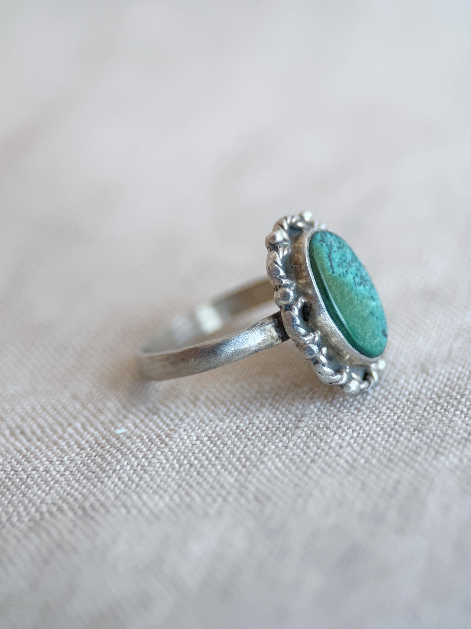 Vintage Turquoise Ring Sterling Silver, Scalloped Floral Statement Ring, Boho Everyday Jewelry