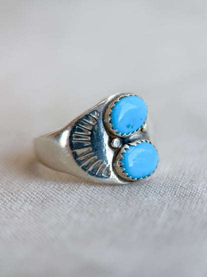 Vintage Turquoise Ring Sterling Silver, Two-Stone Bezel Statement Ring, Boho Everyday Jewelry