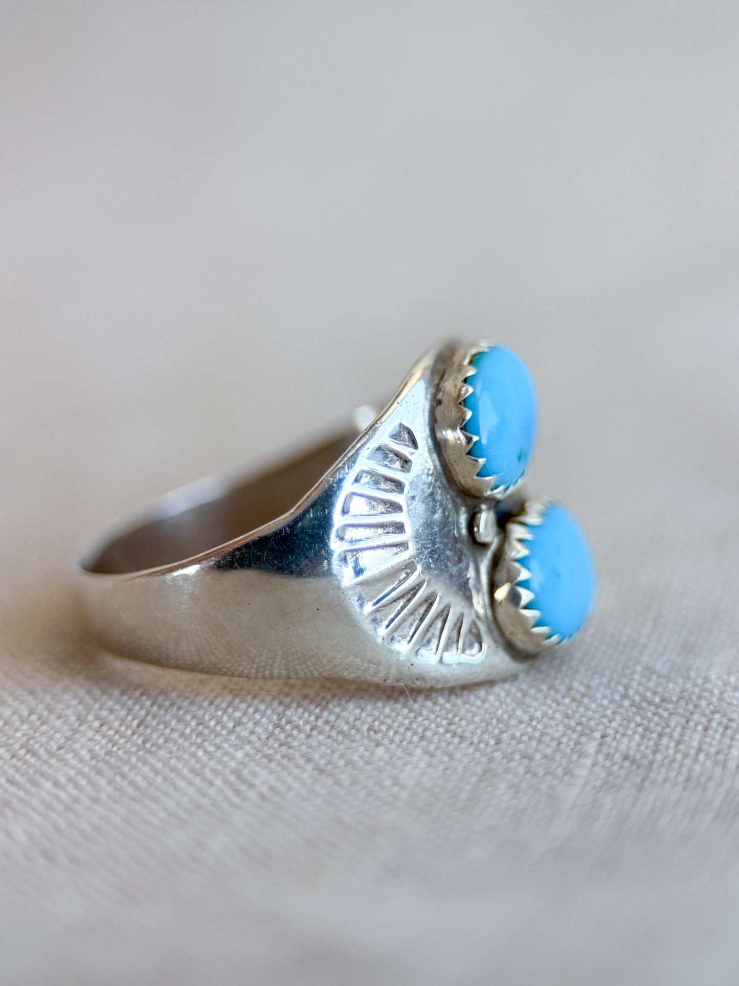 Vintage Turquoise Ring Sterling Silver, Two-Stone Bezel Statement Ring, Boho Everyday Jewelry