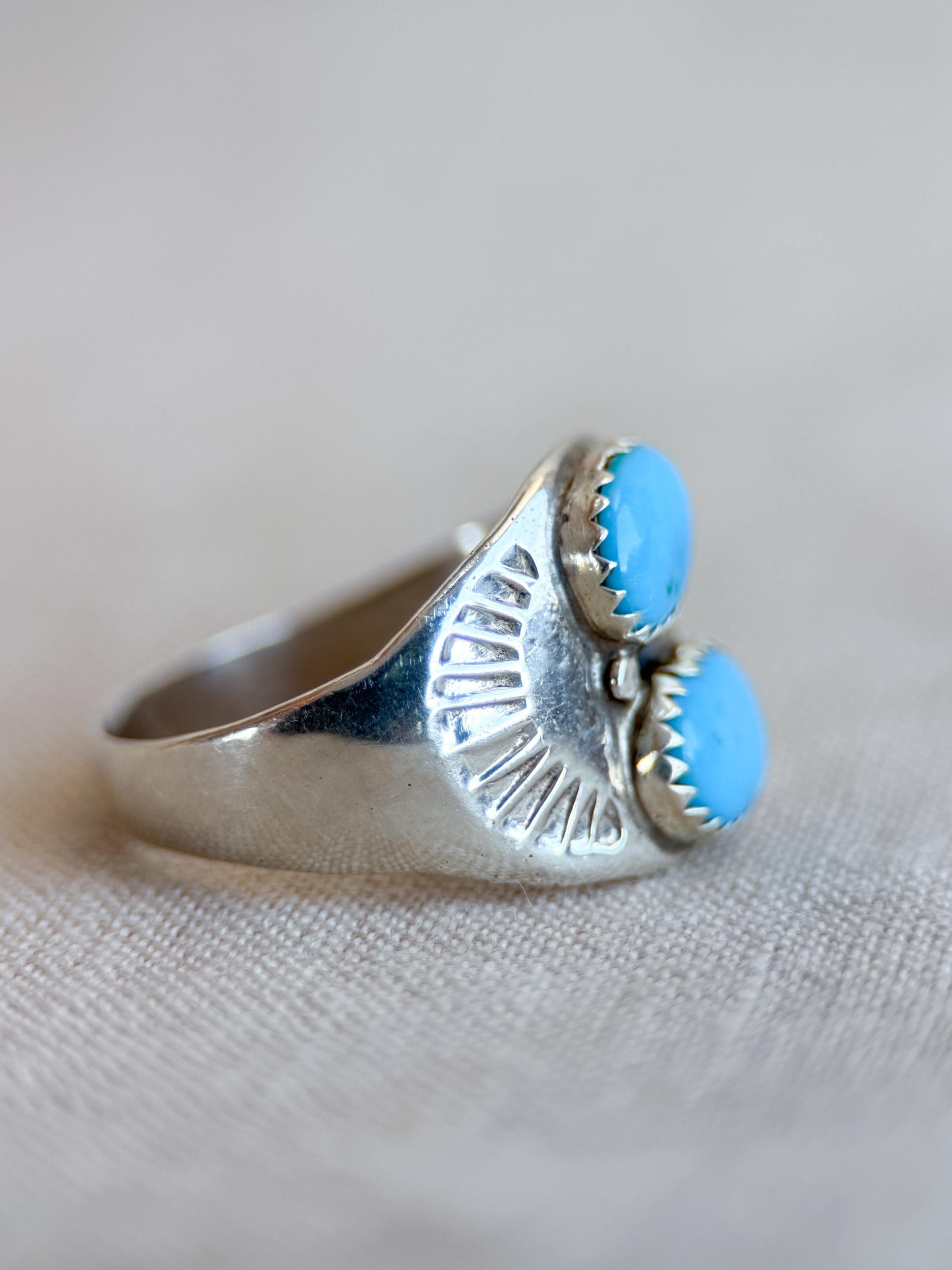 Vintage Turquoise Ring Sterling Silver, Two-Stone Bezel Statement Ring, Boho Everyday Jewelry