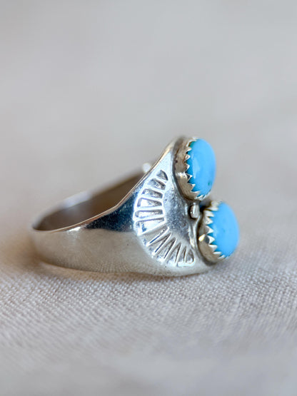 Vintage Turquoise Ring Sterling Silver, Two-Stone Bezel Statement Ring, Boho Everyday Jewelry