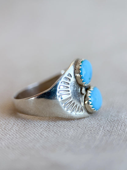 Vintage Turquoise Ring Sterling Silver, Two-Stone Bezel Statement Ring, Boho Everyday Jewelry