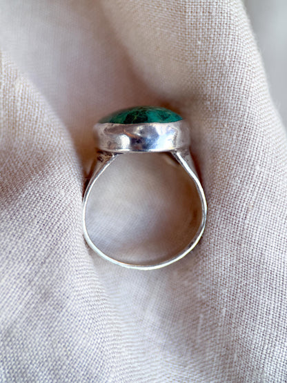 Vintage Chrysocolla Ring Sterling Silver, Oval Hammered Statement Ring, Boho Everyday Jewelry