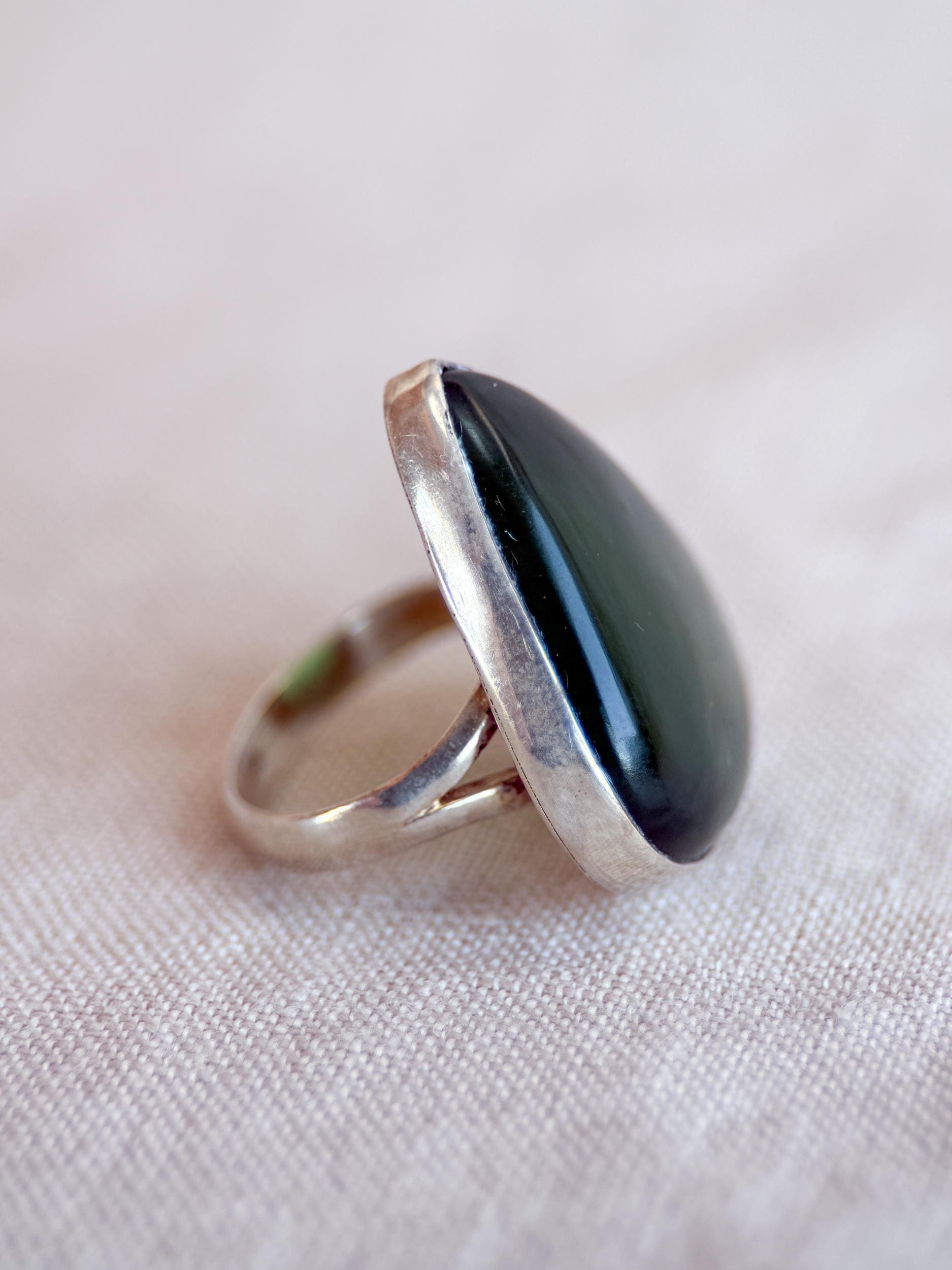 Vintage Nephrite Jade Ring Sterling Silver, Large Pear Bezel Statement Ring, Boho Everyday Jewelry