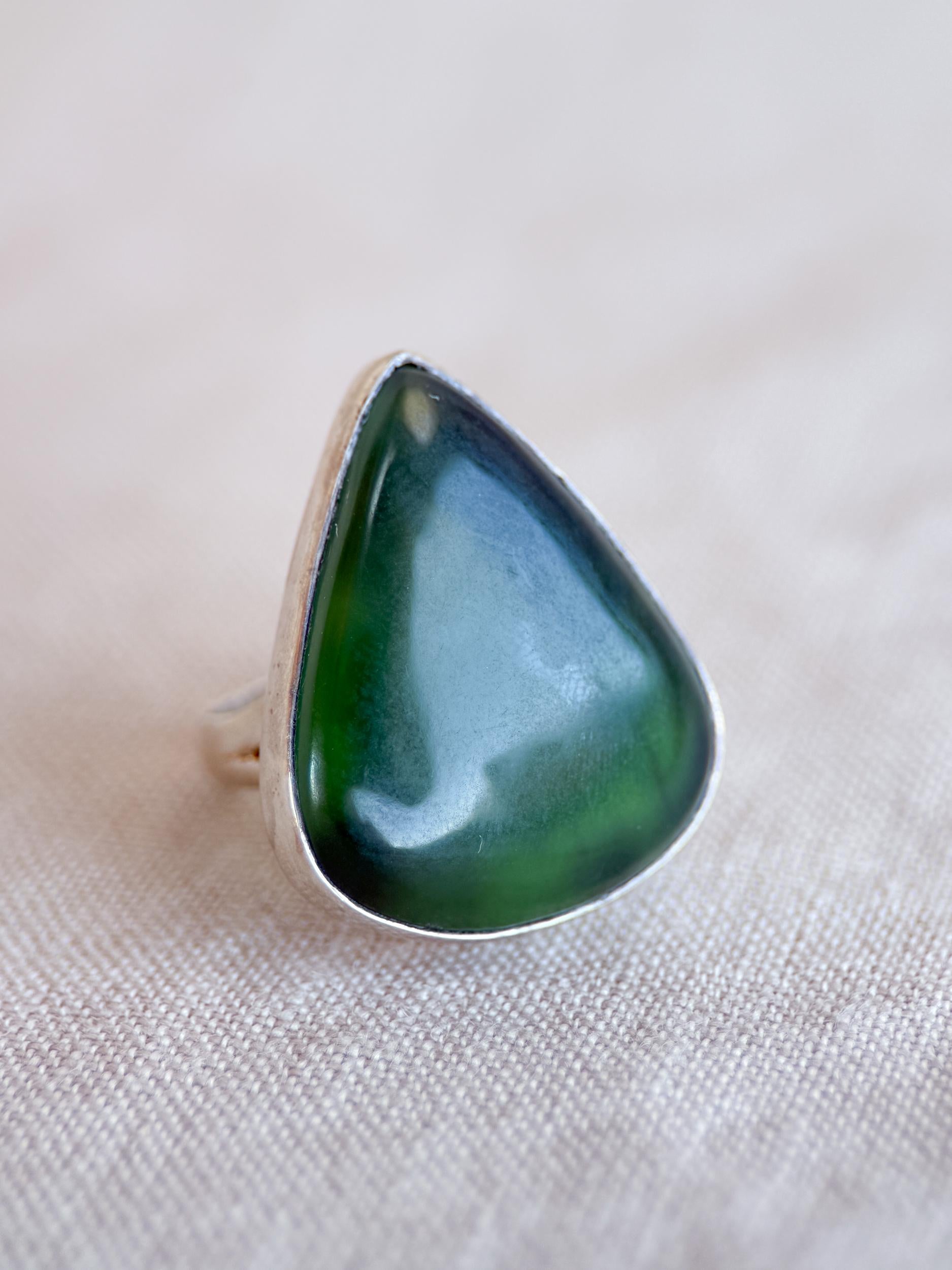 Vintage Nephrite Jade Ring Sterling Silver, Large Pear Bezel Statement Ring, Boho Everyday Jewelry