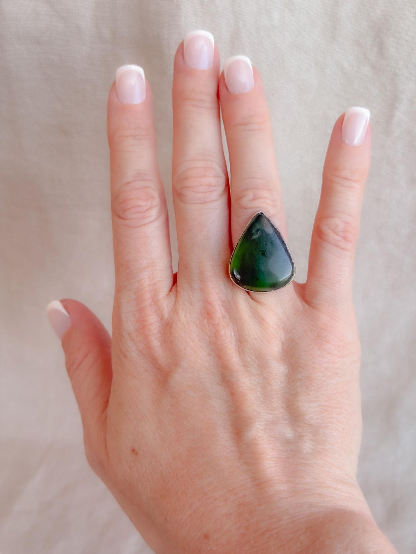 Vintage Nephrite Jade Ring Sterling Silver, Large Pear Bezel Statement Ring, Boho Everyday Jewelry