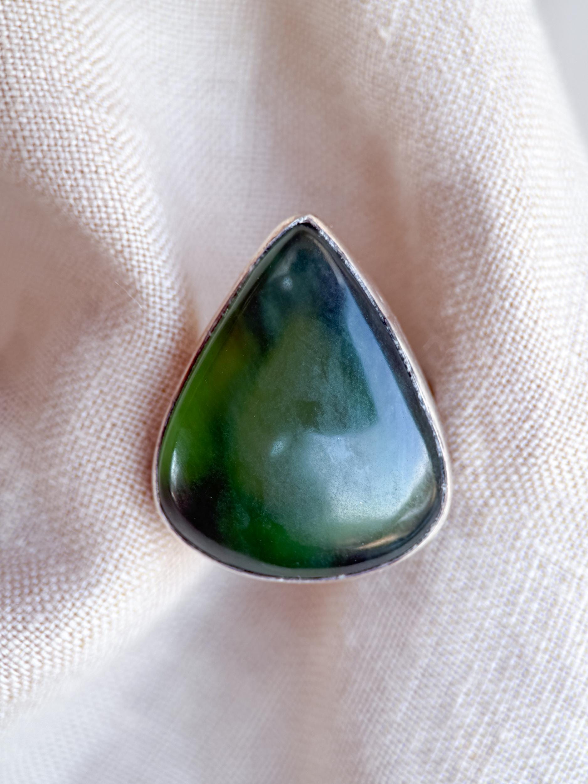 Vintage Nephrite Jade Ring Sterling Silver, Large Pear Bezel Statement Ring, Boho Everyday Jewelry