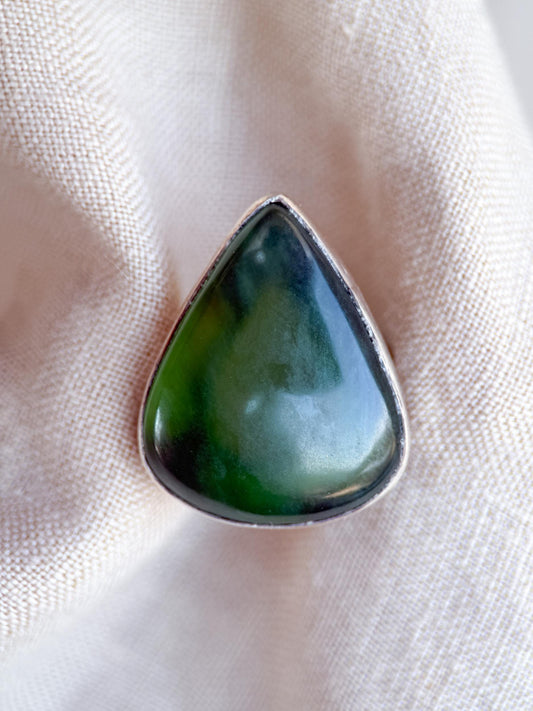 Vintage Nephrite Jade Ring Sterling Silver, Large Pear Bezel Statement Ring, Boho Everyday Jewelry