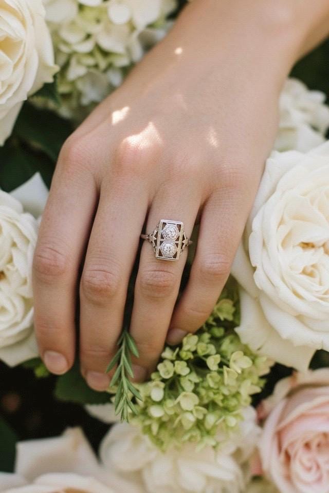 Antique Diamond Ring, 14k White Gold, Old Mine Two-Stone Engagement Ring, Vintage 1900s Art Nouveau