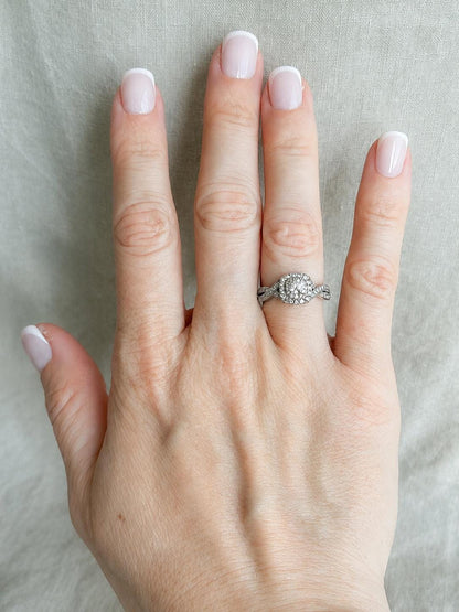 Vintage Diamond Halo Engagement Ring, Round Cut, 14k White Gold, Cushion Infinity Bridal Ring