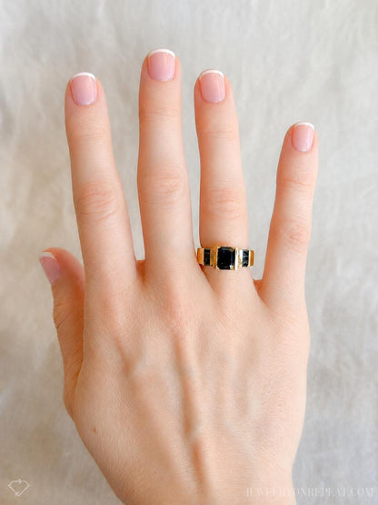 Vintage Sapphire and Diamond Engagement Ring, 14k Gold, Channel Emerald Baguette, Alternative Bridal Jewelry