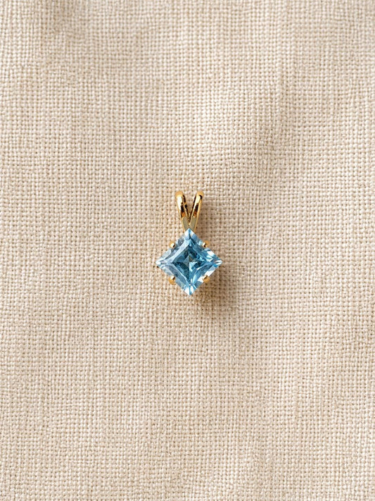 Vintage Blue Topaz Pendant, 14k Gold, Minimalist Square Cut Gemstone Pendant, Layering Jewelry