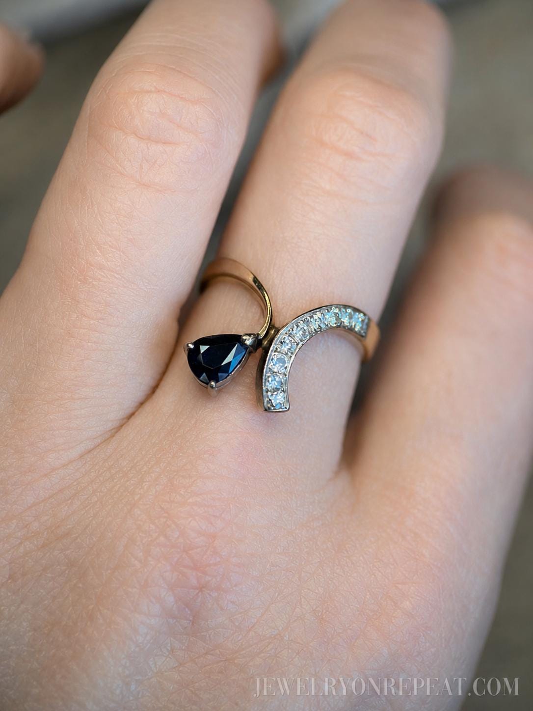 Vintage Sapphire and Diamond Ring, 14k Gold, Asymmetrical Pear Toi et Moi, 1970s Jewelry