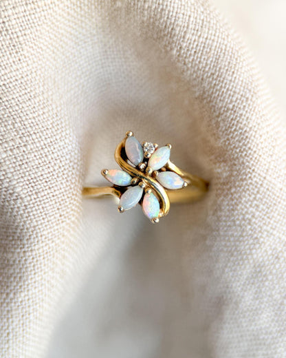 Vintage Opal Flower Ring, 14k Gold, Marquise Floral Cluster Statement Ring, Unique Gemstone Jewelry