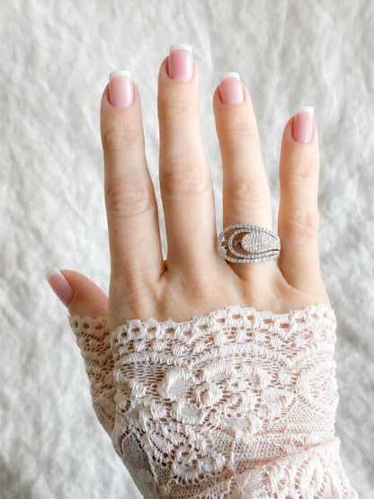 Vintage Diamond Ring, 14k White Gold, Asymmetrical Pave Statement Band, Elegant Anniversary Jewelry