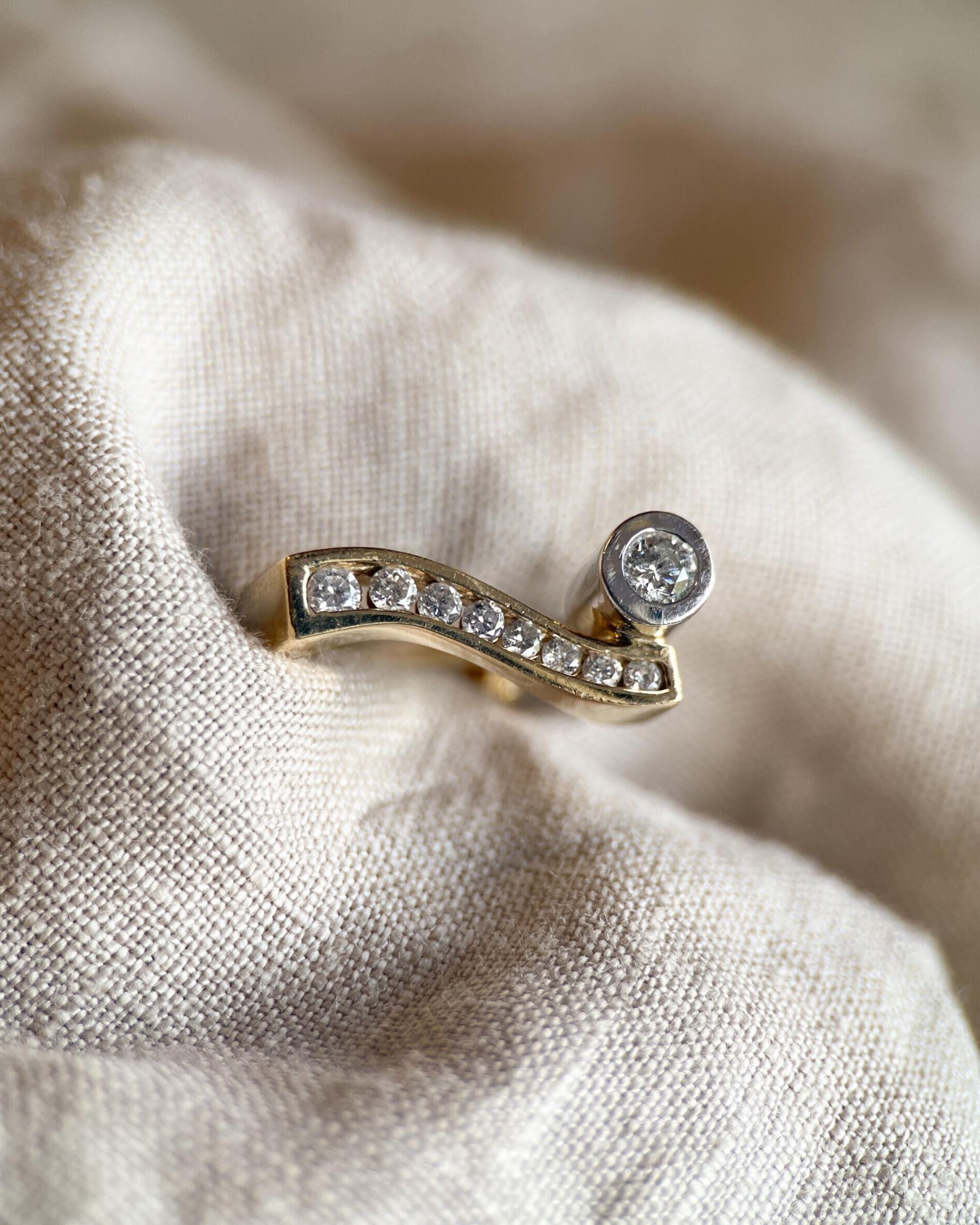 Vintage Diamond Engagement Ring, Two-Tone 14k Gold, Asymmetrical Bezel Channel Unique Bridal Ring