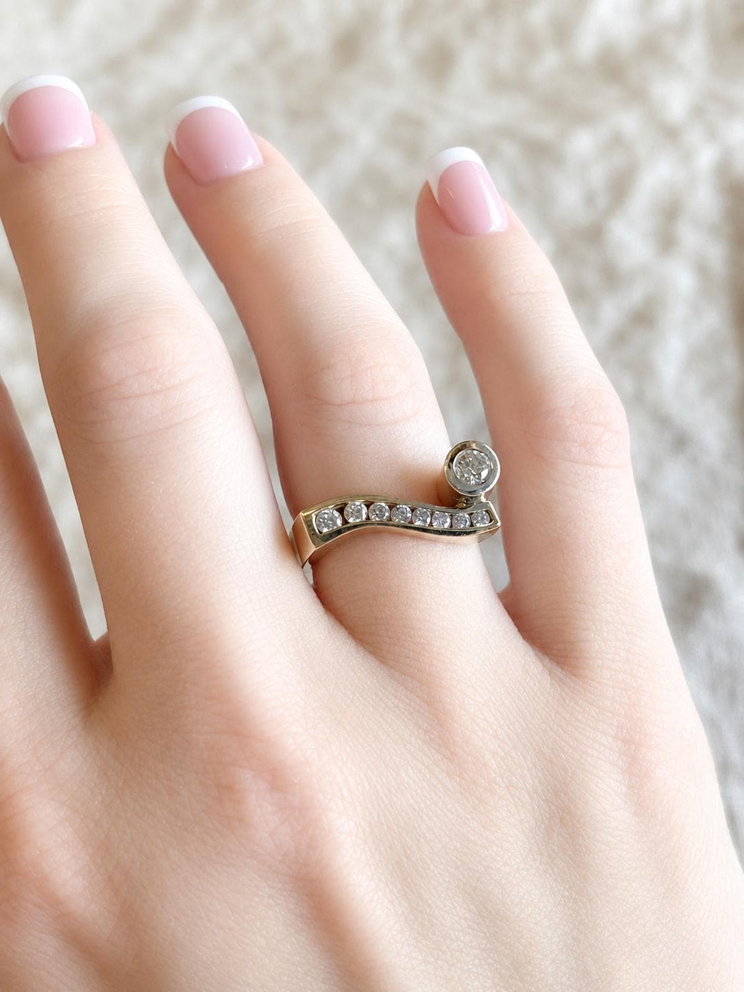 Vintage Diamond Engagement Ring, Two-Tone 14k Gold, Asymmetrical Bezel Channel Unique Bridal Ring