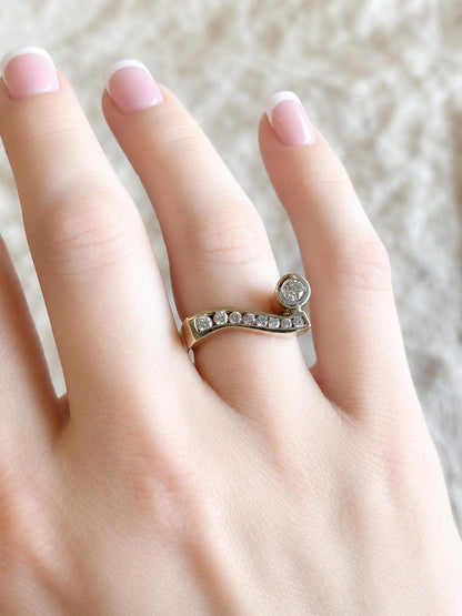 Vintage Diamond Engagement Ring, Two-Tone 14k Gold, Asymmetrical Bezel Channel Unique Bridal Ring