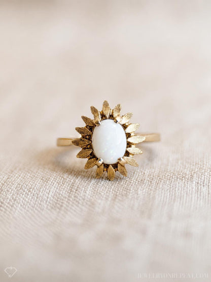 Vintage Opal Ring, 14k Gold, Flower Statement Ring, 1970s Floral Jewelry