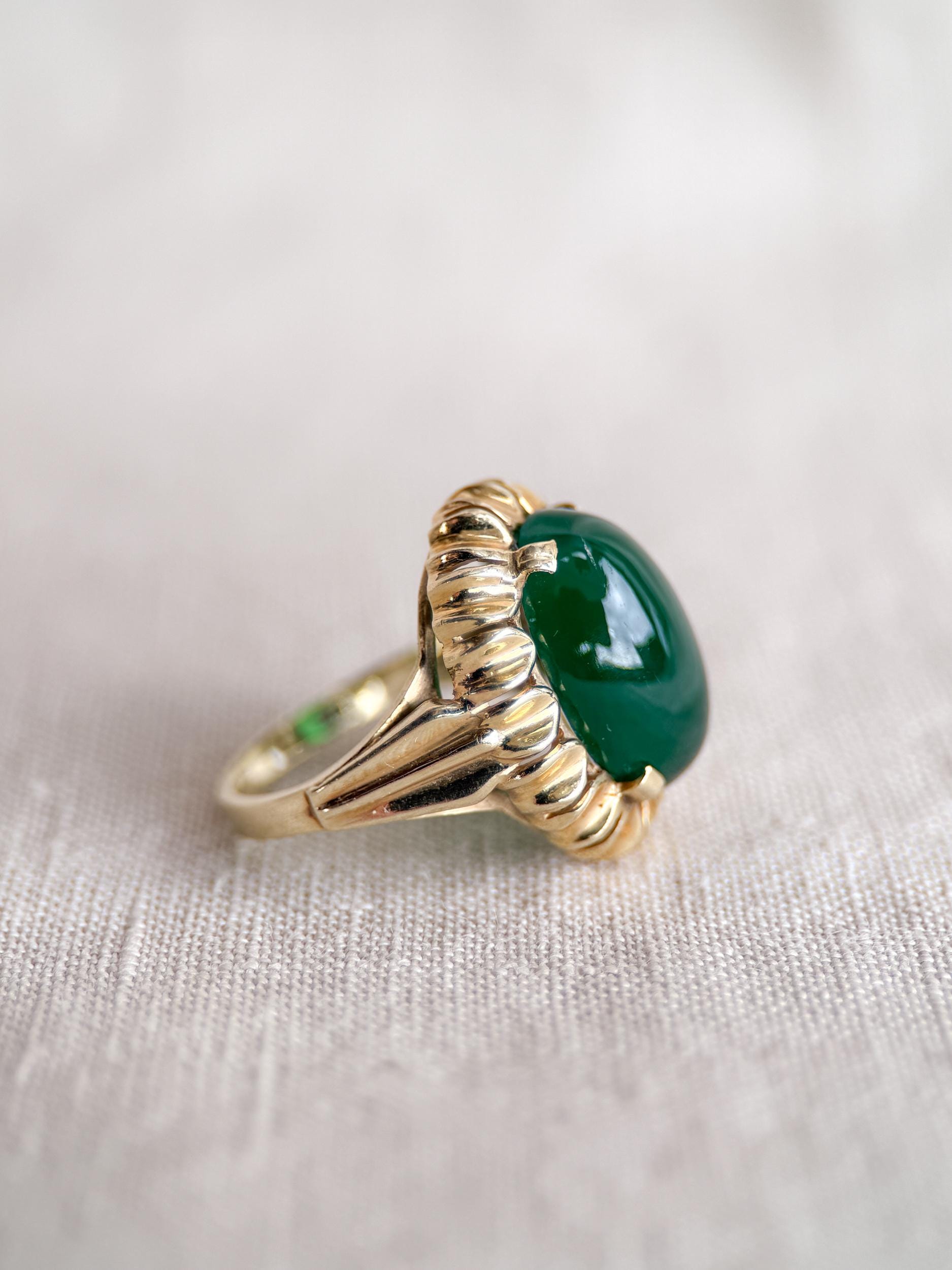 Vintage Chalcedony Ring, 14k Gold, Oval Floral Statement Ring, Bold Gemstone Jewelry