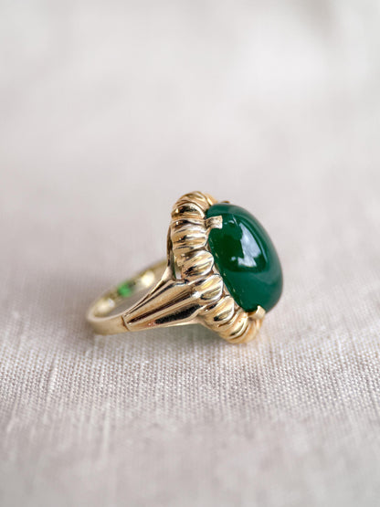 Vintage Chalcedony Ring, 14k Gold, Oval Floral Statement Ring, Bold Gemstone Jewelry