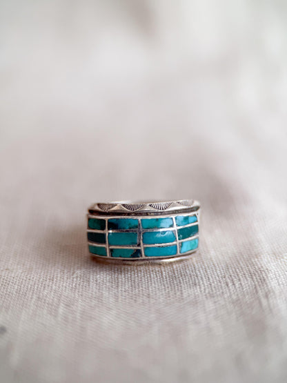 Vintage Turquoise Ring Sterling Silver, Inlaid Band Statement Ring, Boho Everyday Jewelry