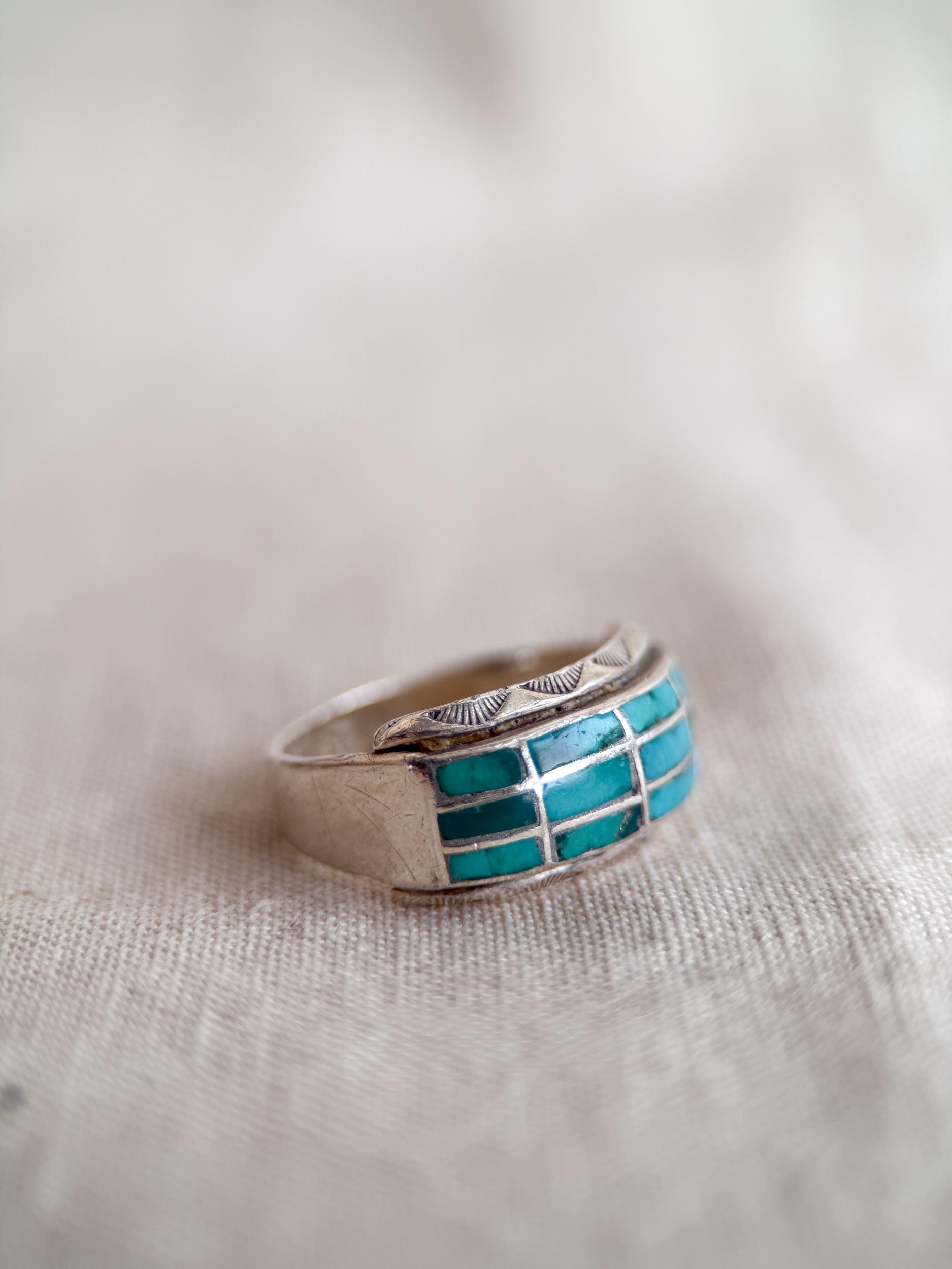 Vintage Turquoise Ring Sterling Silver, Inlaid Band Statement Ring, Boho Everyday Jewelry