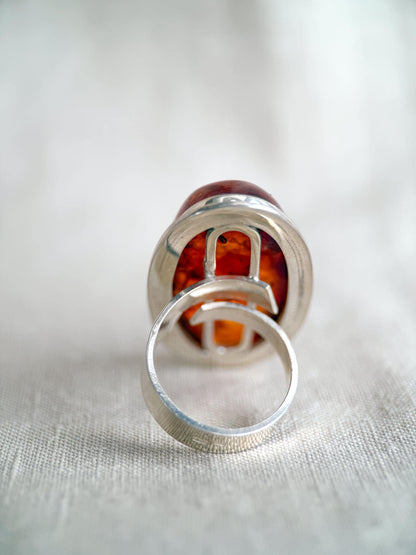 Vintage Amber Ring Sterling Silver, Large Oval Statement Ring, Boho Everyday Jewelry