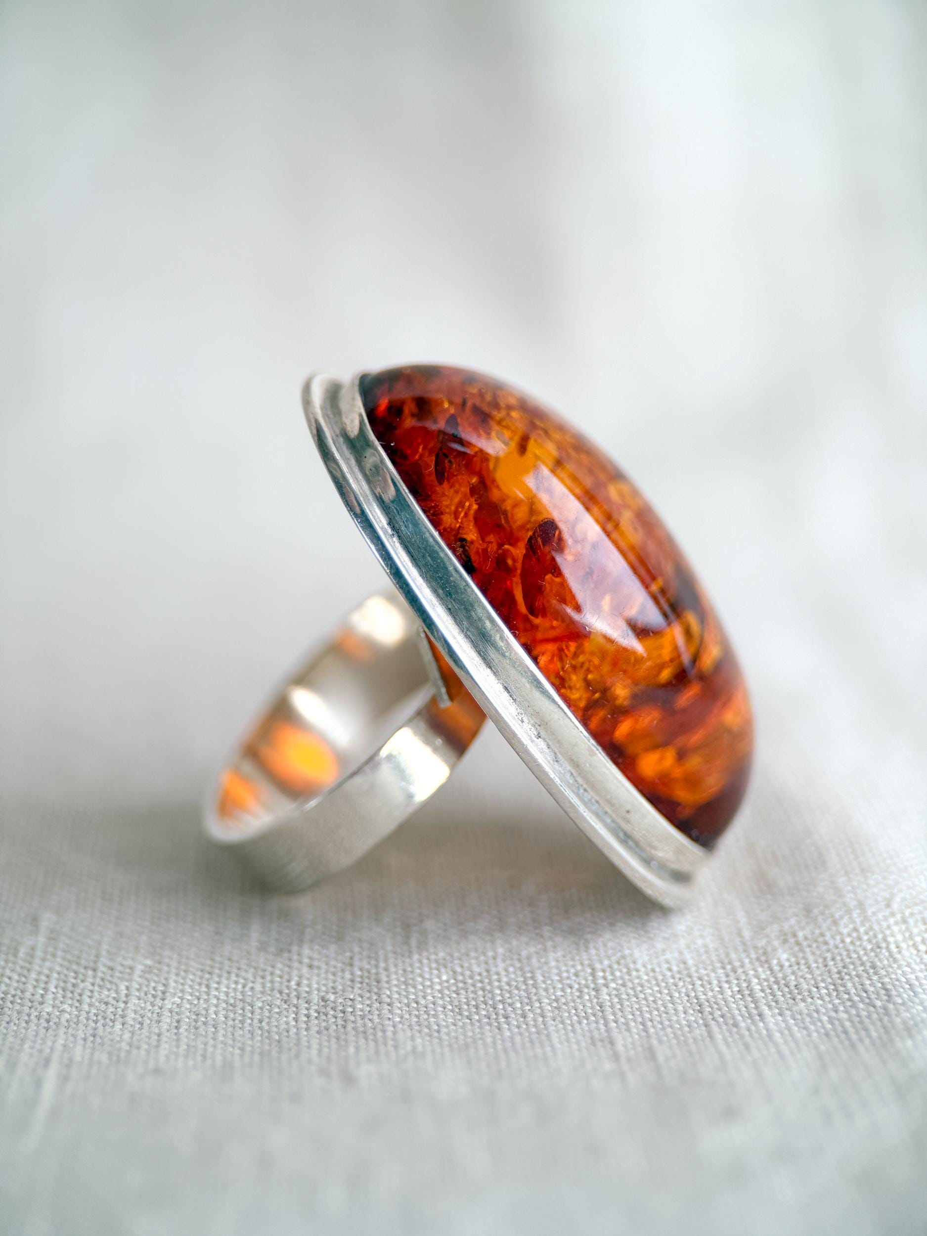 Vintage Amber Ring Sterling Silver, Large Oval Statement Ring, Boho Everyday Jewelry