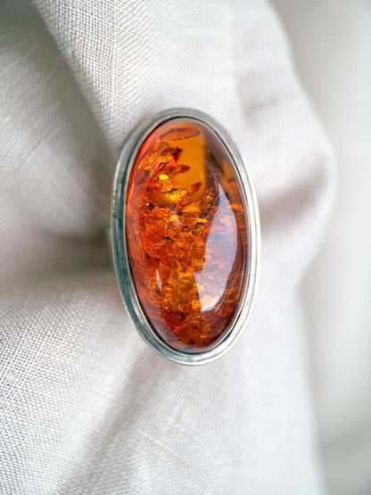 Vintage Amber Ring Sterling Silver, Large Oval Statement Ring, Boho Everyday Jewelry