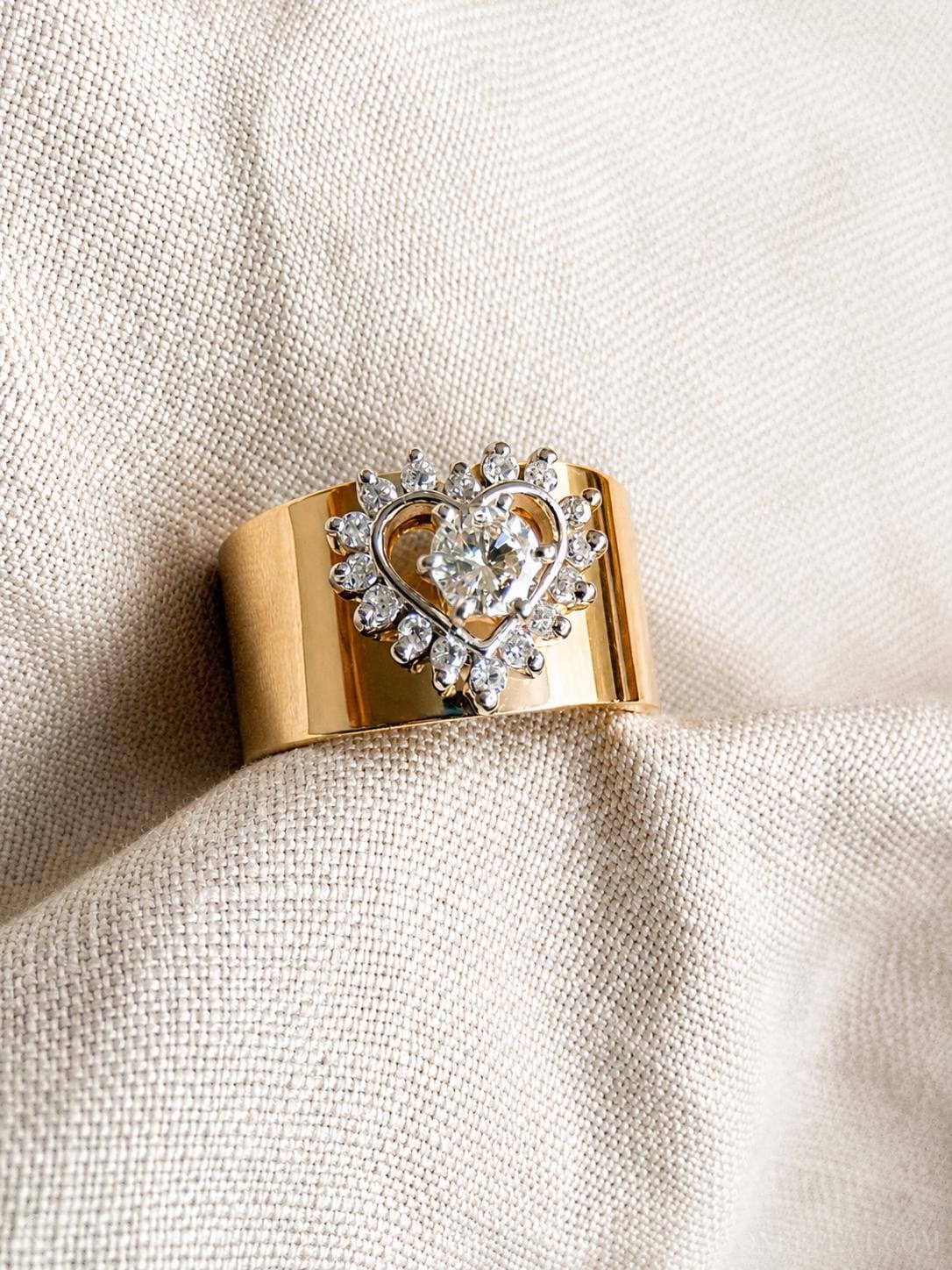 Vintage Diamond Engagement Ring, Round Cut, 14k Gold, Heart Halo Cigar Band Bridal Ring